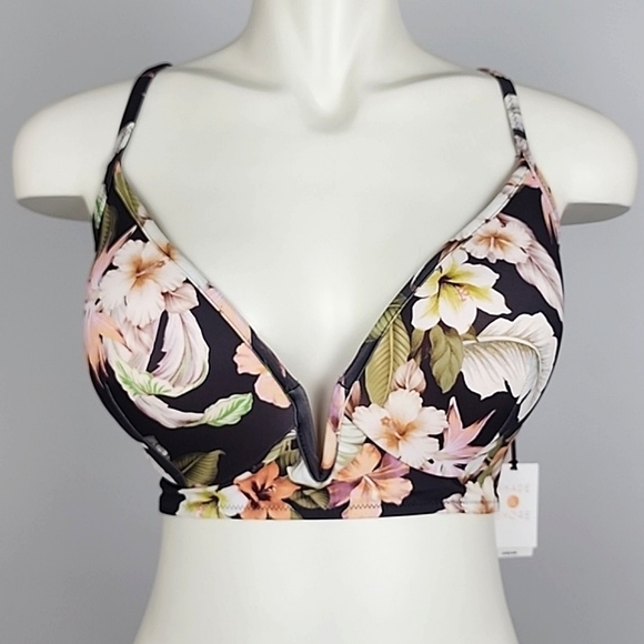Shade & Shore Gray Floral Tropical Bikini Top Criss Cross Straps Light Size 36D - Picture 2 of 10